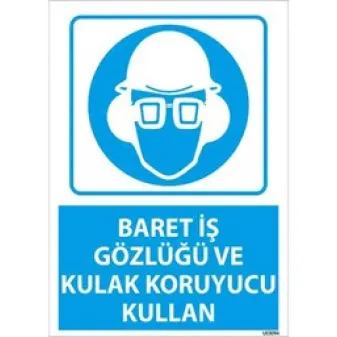 Baret, İş Gözlüğü ve Kulak Koruyucu Kullan Uyarı Levhası