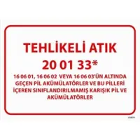 Tehlikeli Atık Uyarı Levhası Pil ve Akümülatörler 20-01-33